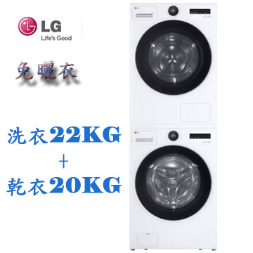 LG 22公斤蒸洗脫滾筒+20公斤免曬衣乾衣機(WD-S22FW+WR-20DW)